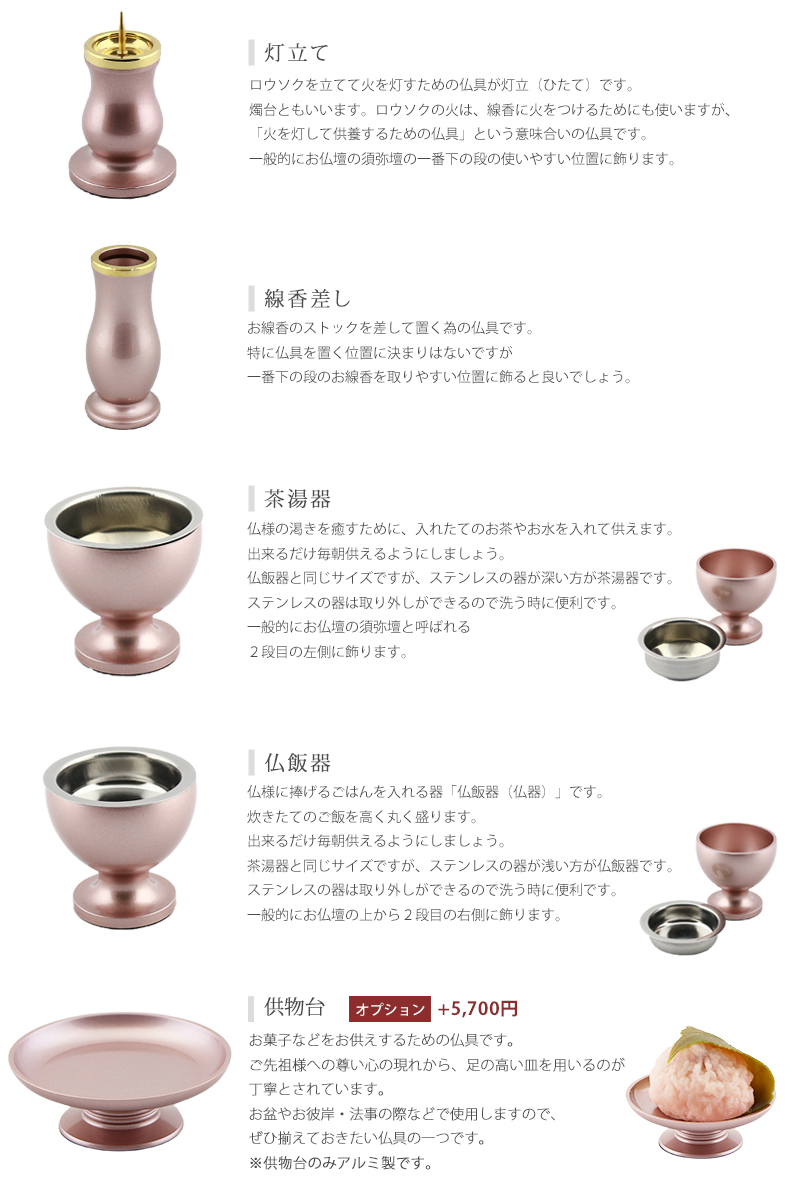 モダン仏具セット 「アルミムク」 ピンク 仏具6点セットの各種仏具についての説明②