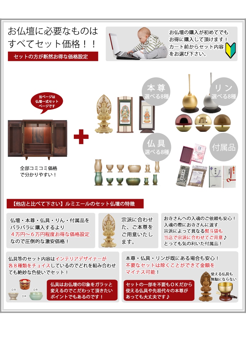 お仏壇に本尊・高級仏具セット・リン・付属品が全部セットで付くセット価格です。