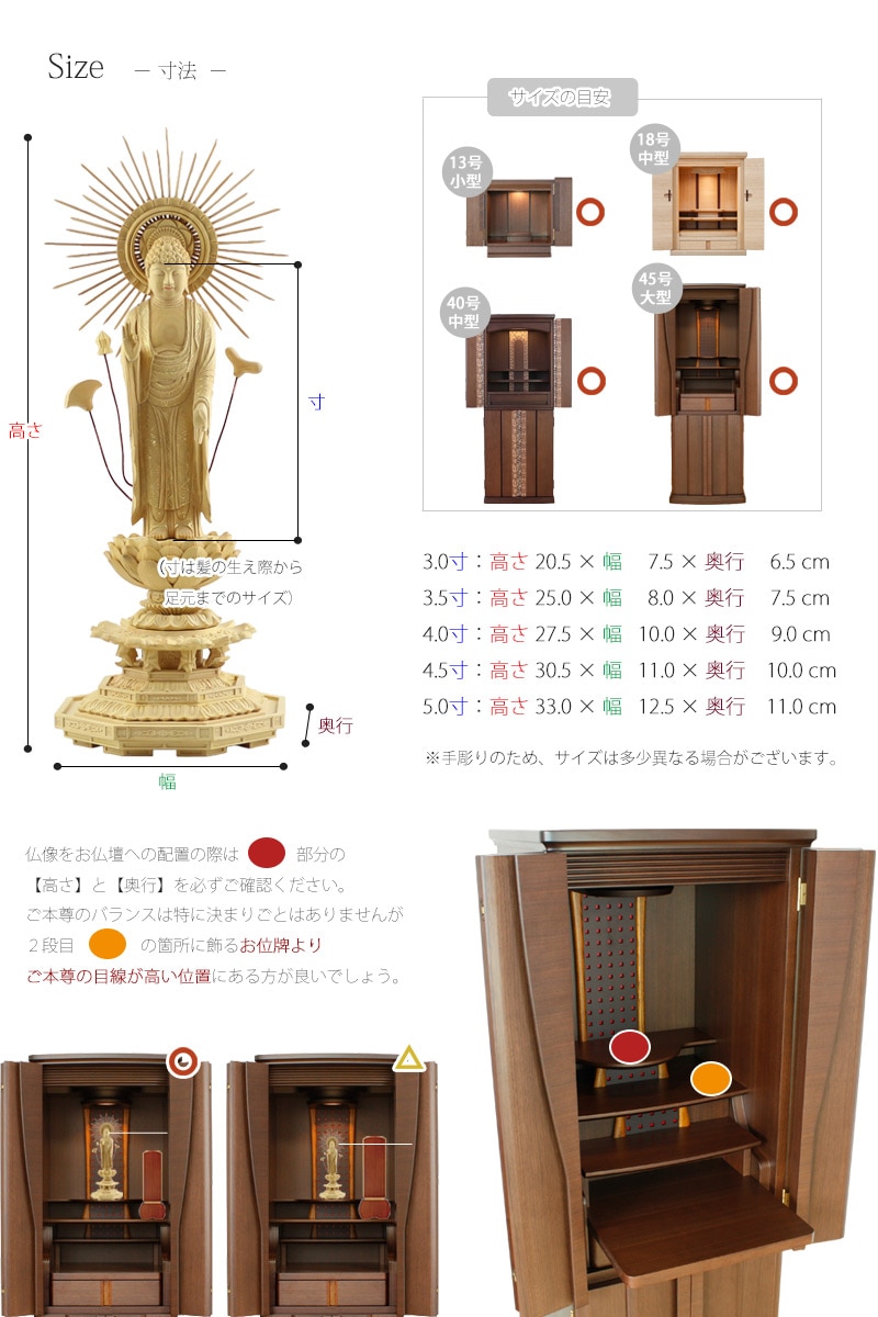 仏像の詳細サイズ・当仏像に合うお仏壇のサイズについて