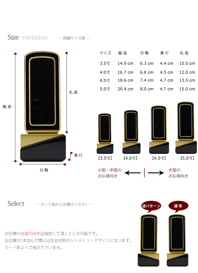 お位牌のサイズ・国産品質の説明。