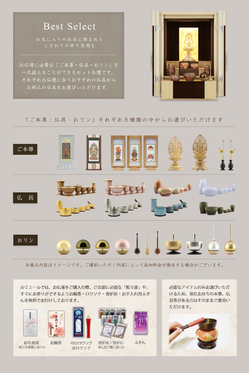 お仏壇に本尊・仏具セット・リン・付属品が全部セットで付くセット価格です。