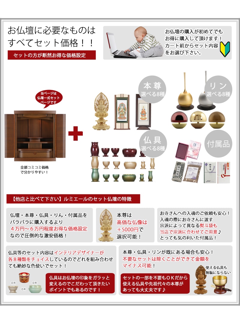 お仏壇に本尊・仏具セット・リン・付属品が全部セットで付くセット価格です。お好みの仏具をお選びいただけます。