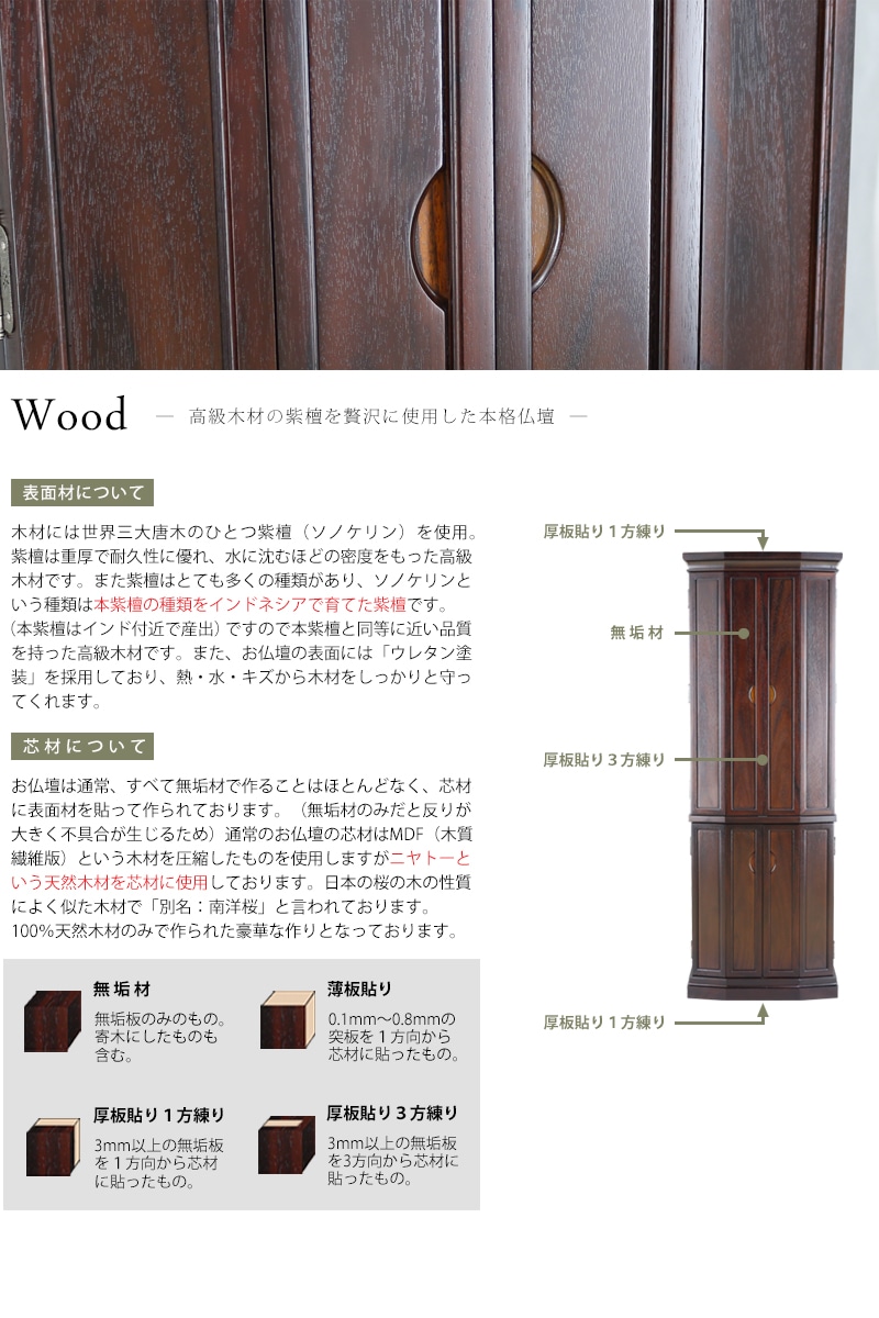 木材は世界三大銘木のひとつである紫檀を使用した、高品質で落着いた色合いのお仏壇です。