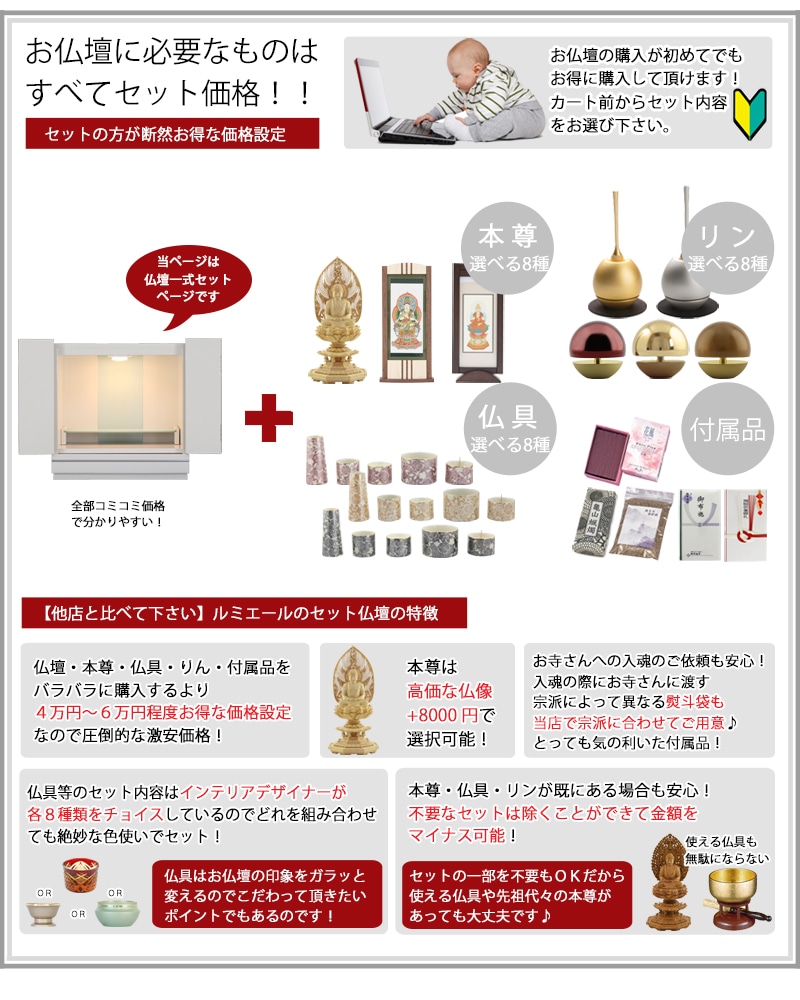 お仏壇に本尊・仏具セット・リン・付属品が全部セットで付くセット価格です。お好みの仏具をお選びいただけます。