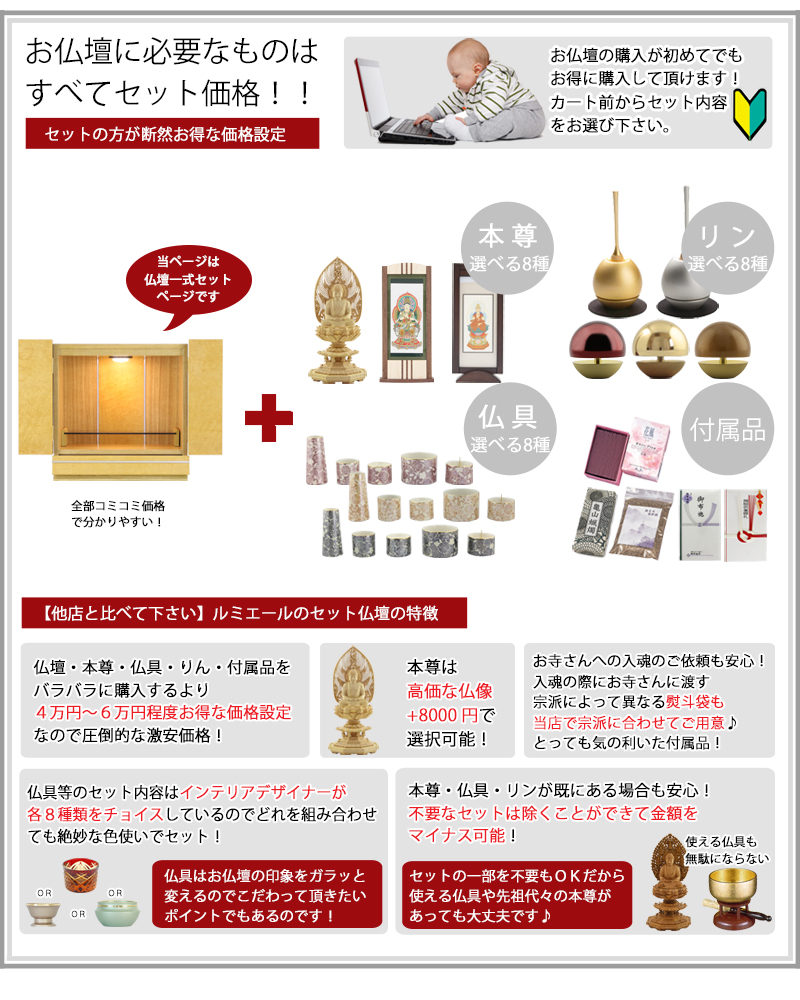お仏壇に本尊・仏具セット・リン・付属品が全部セットで付くセット価格です。お好みの仏具をお選びいただけます。