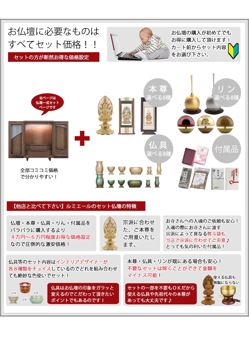 【選べる激安仏具付】モダンミニ仏壇セット 夢SO ウォールナット市松に、本尊・仏具セット・リン・付属品が全部セットで付くセットです。