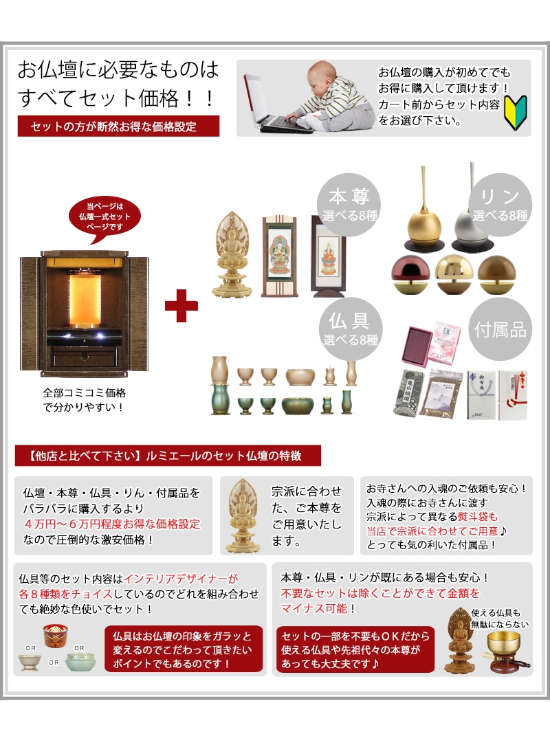 【選べる仏具付】モダン仏壇セット レーヌ ブラウンに、本尊・仏具セット・リン・付属品が全部付くセットです。