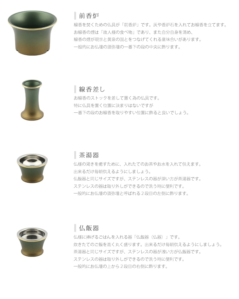モダン仏具セット シャンテ 緑茶マット 各仏具の説明。