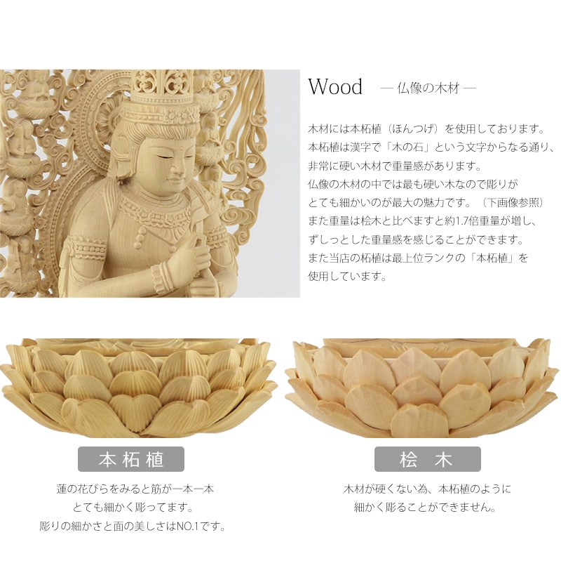 本柘植仏像 上彫り仕上げ 大日如来 十三仏光背 【真言宗】の木材について