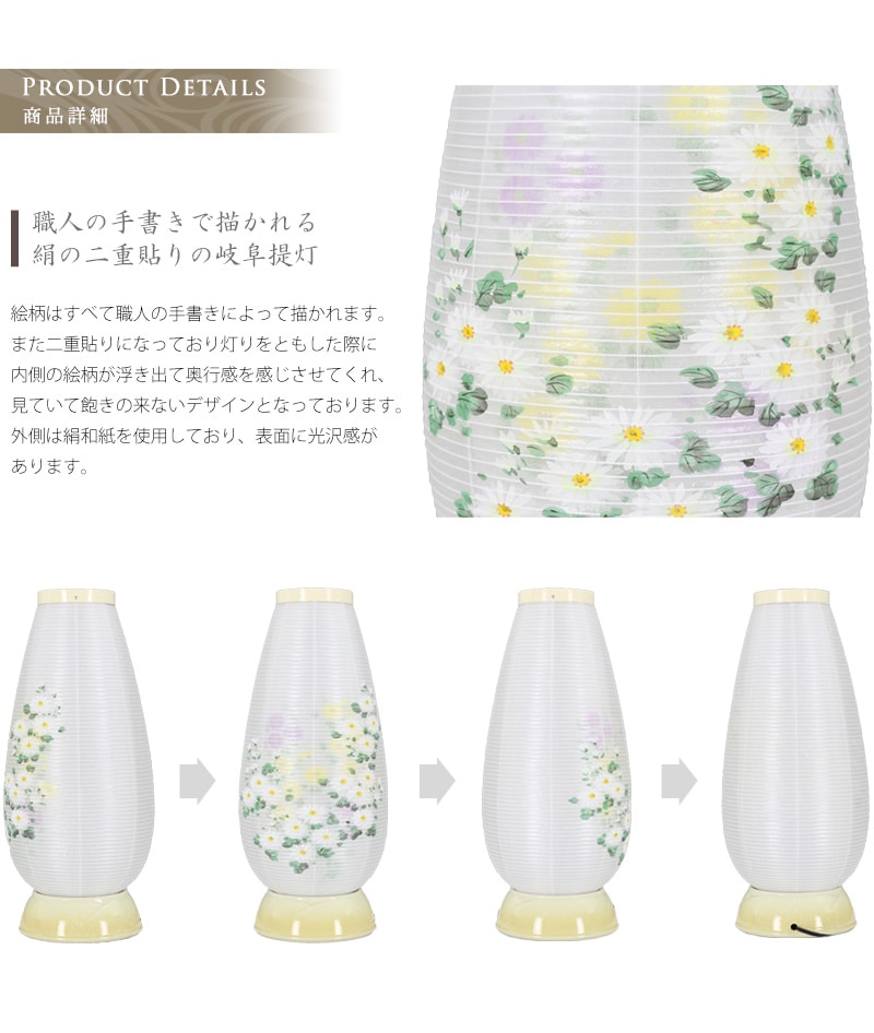 絹二重張りで出来た岐阜提灯です。花々の絵柄は360度のアングルでご覧ください。