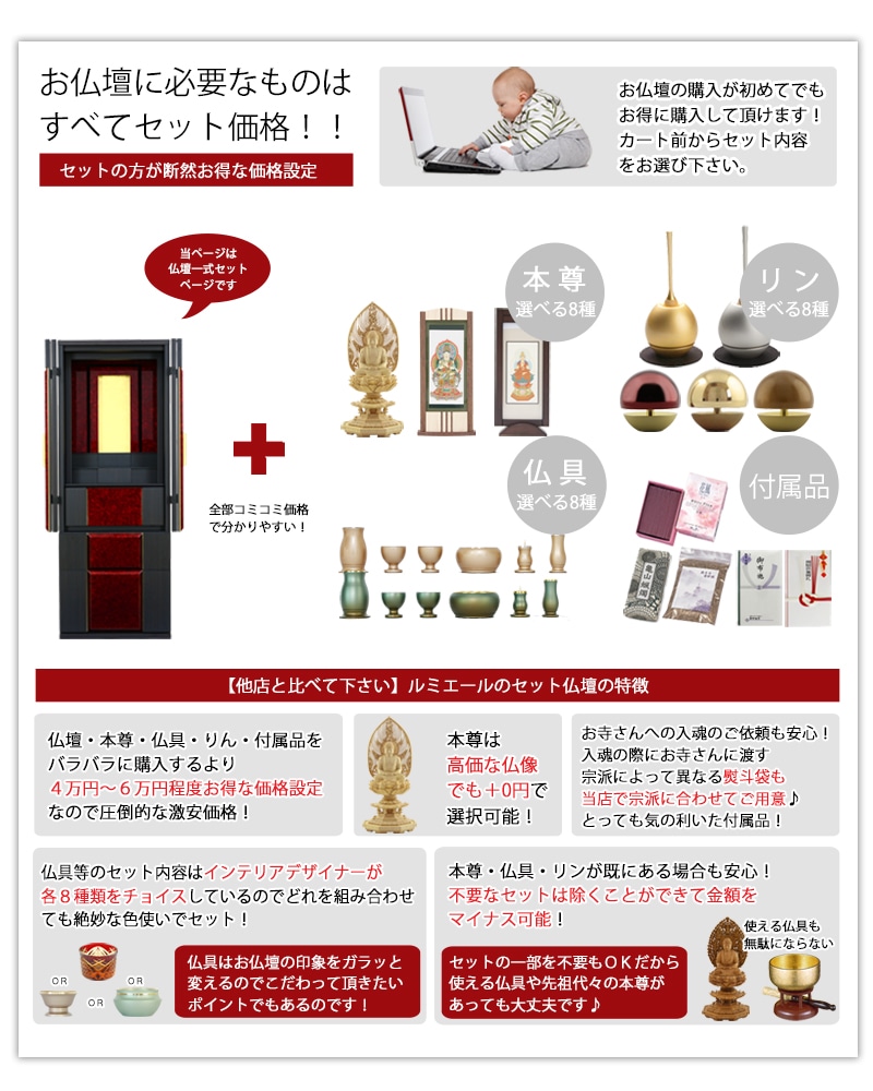 お仏壇に本尊・仏具セット・リン・付属品が全部セットで付くセット価格です。
