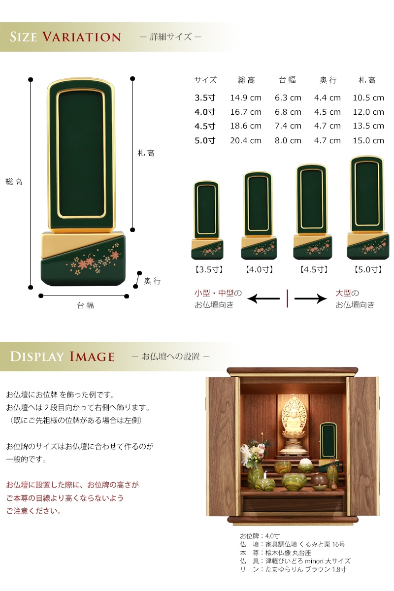 お位牌のサイズ・お仏壇への設置イメージ。