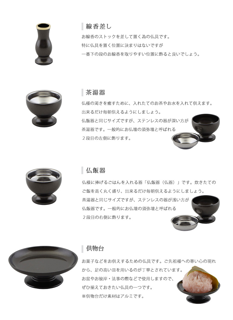 モダン仏具セット 「アルミムクmini」 シルバーグレー 仏具6点セットの各種仏具についての説明②
