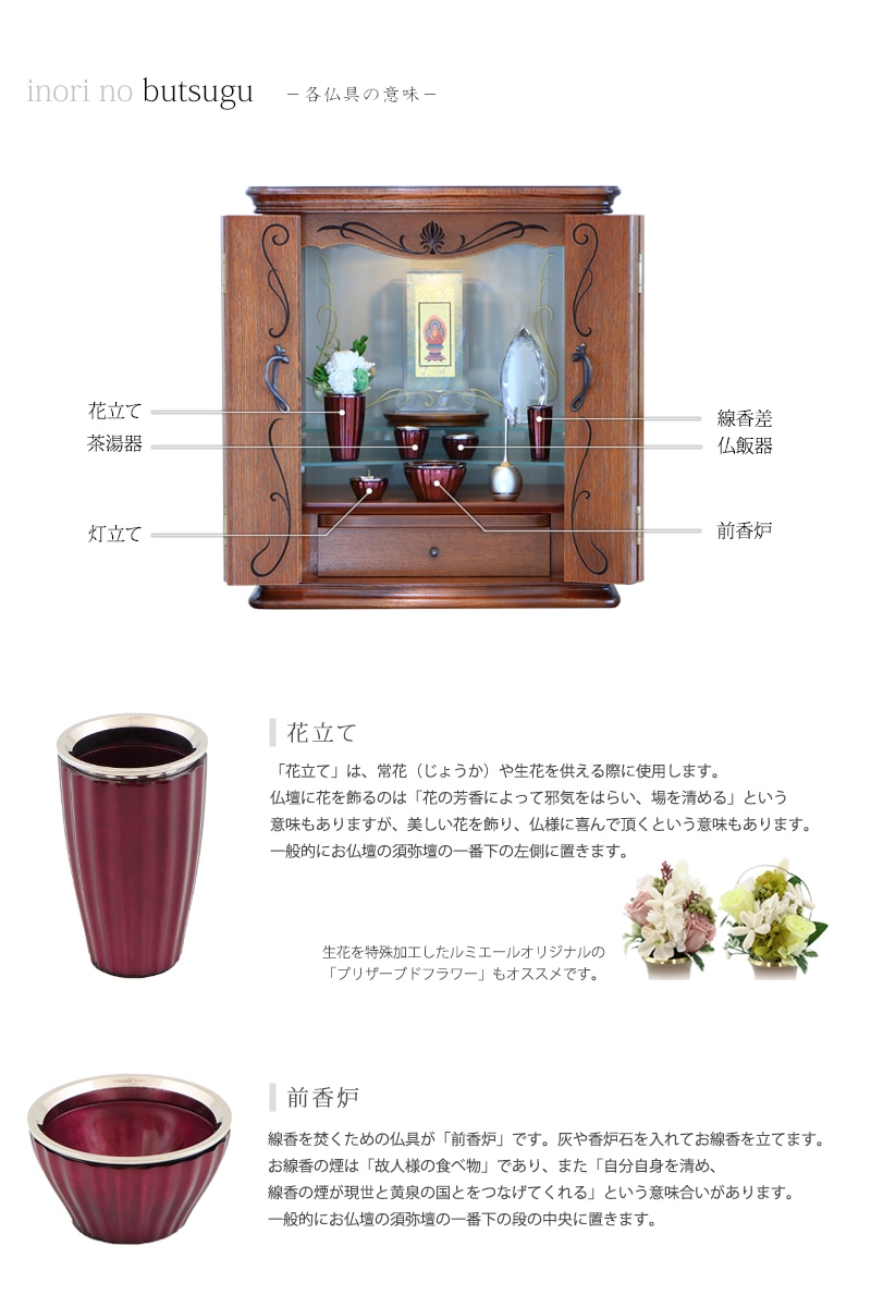 モダン仏具 ロメオ ワイン 各仏具の説明。花立て・前香炉。