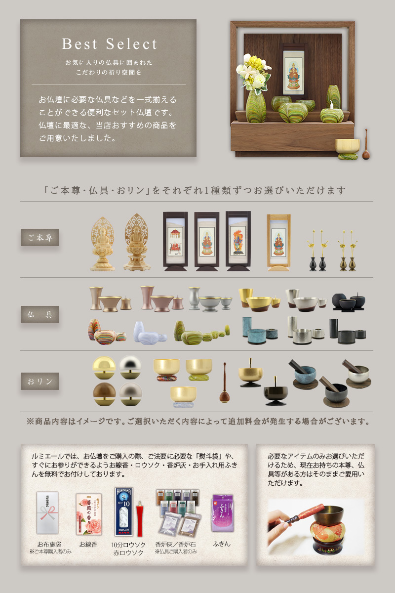 【選べる仏具付】ミニ仏壇 KAKOI ウォールナットのセット内容説明