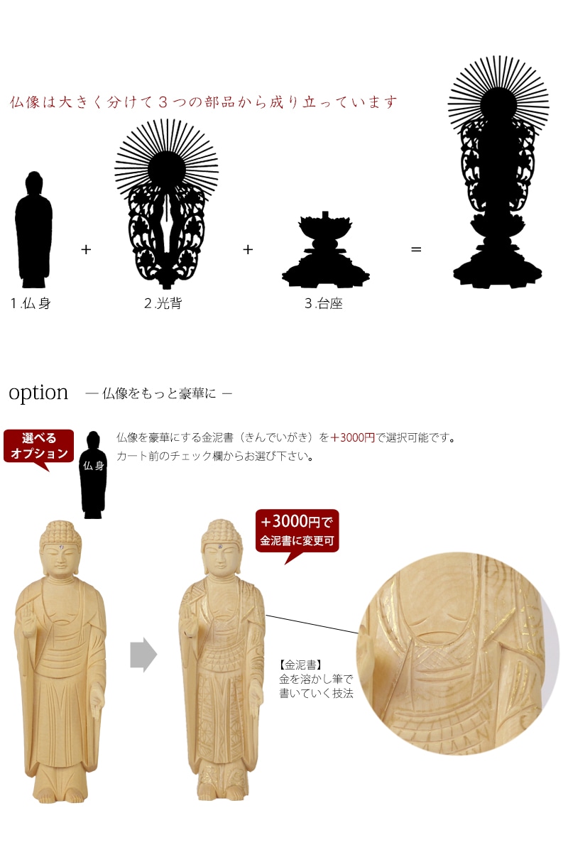 桧木仏像 上彫り 丸台座 西立弥陀 【浄土真宗本願寺派(西)】の商品画像3枚目
