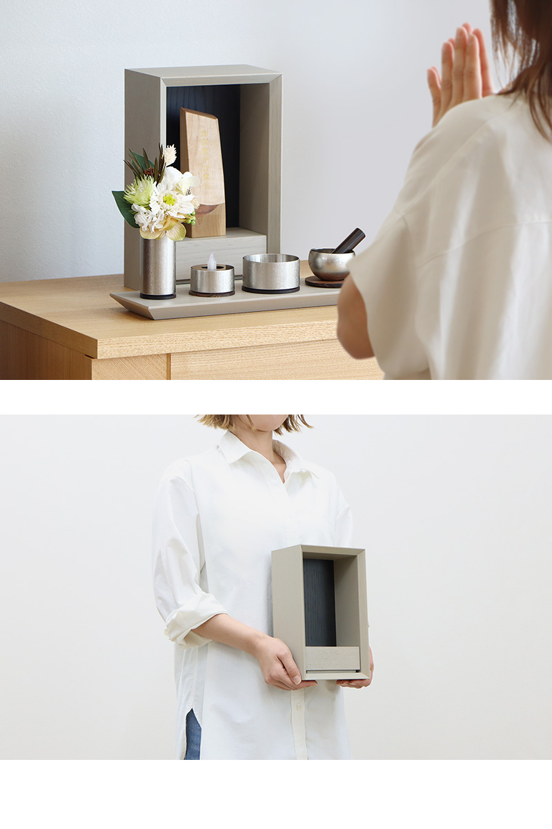 手元供養ステージ FLOAT 錫色×墨黒色の使用イメージ