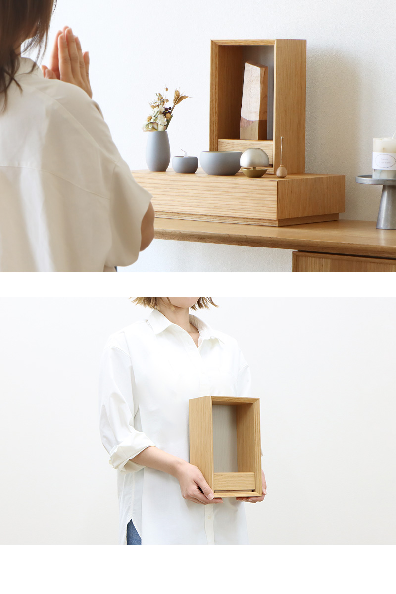 手元供養ステージ FLOAT 収納付きタイプ オーク×錫色の使用イメージ