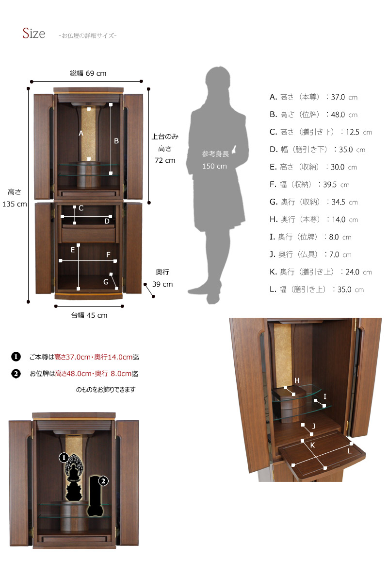 お仏壇のサイズ表・重量・本尊の目安サイズの詳細画像
