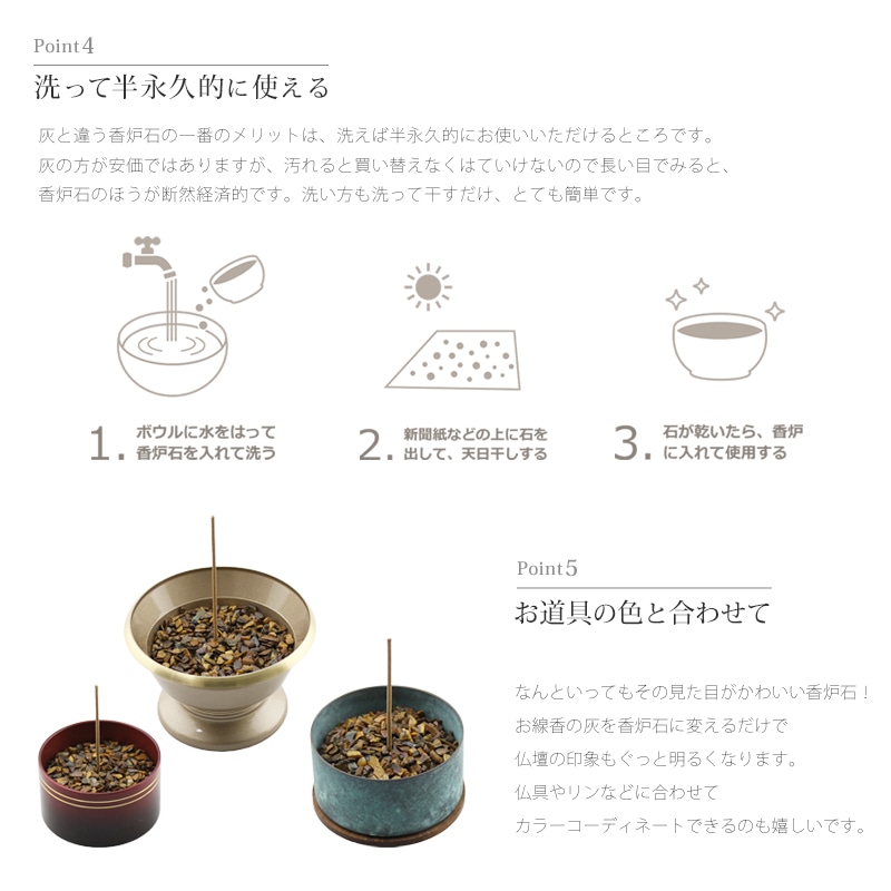 洗えて便利な香炉石「sorae」は、仏具の色と合わせてお選びいただけます。