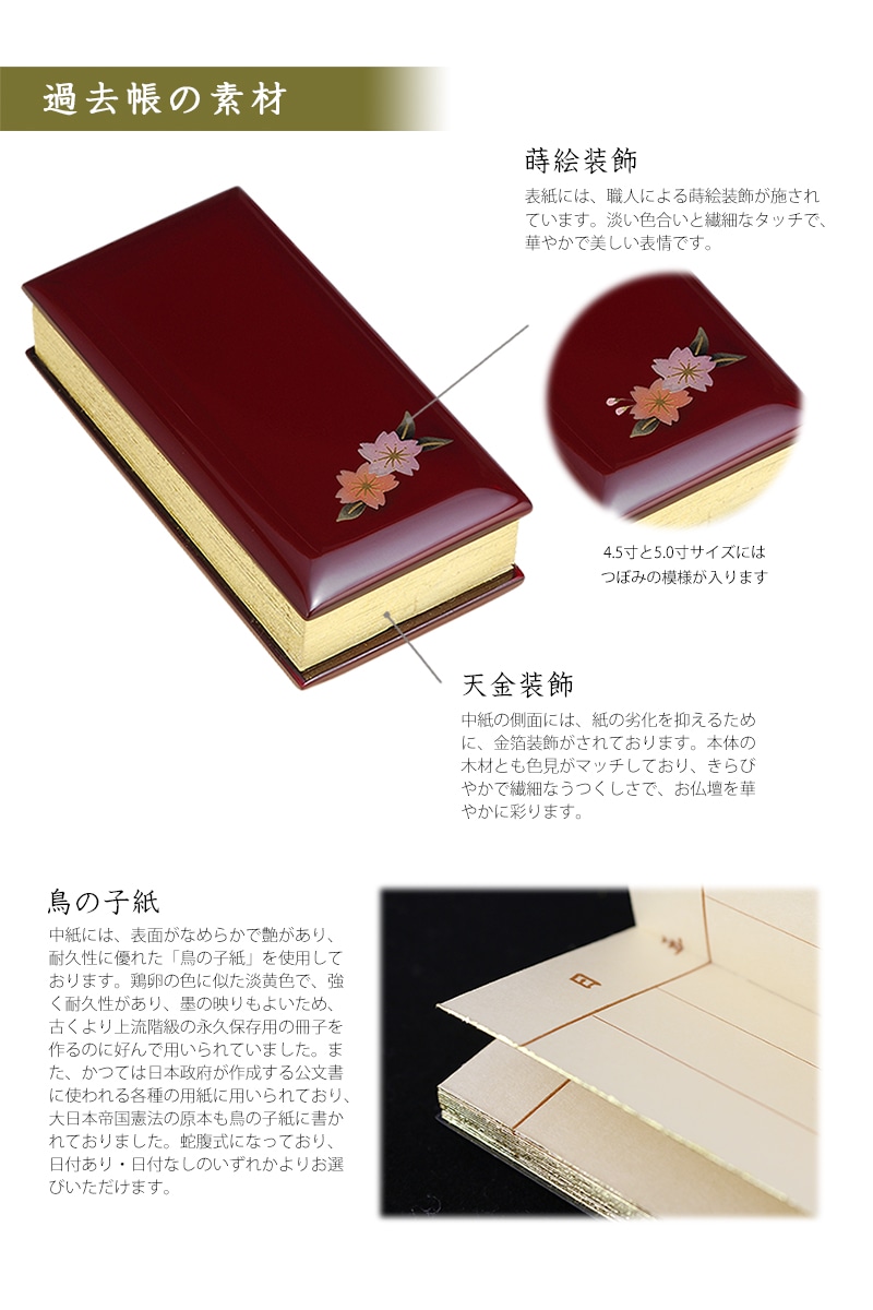 過去帳 蒔絵 桜 ワイン色の素材について