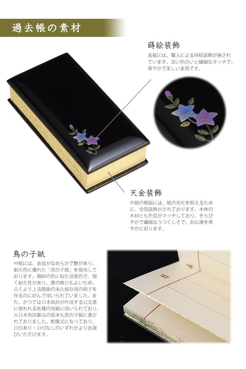 過去帳 蒔絵 桔梗 黒塗りの素材について