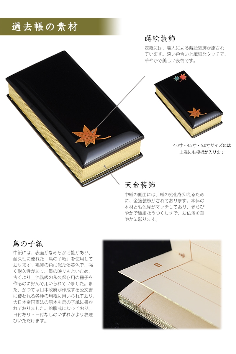 過去帳 蒔絵 もみじ 黒塗りの素材について