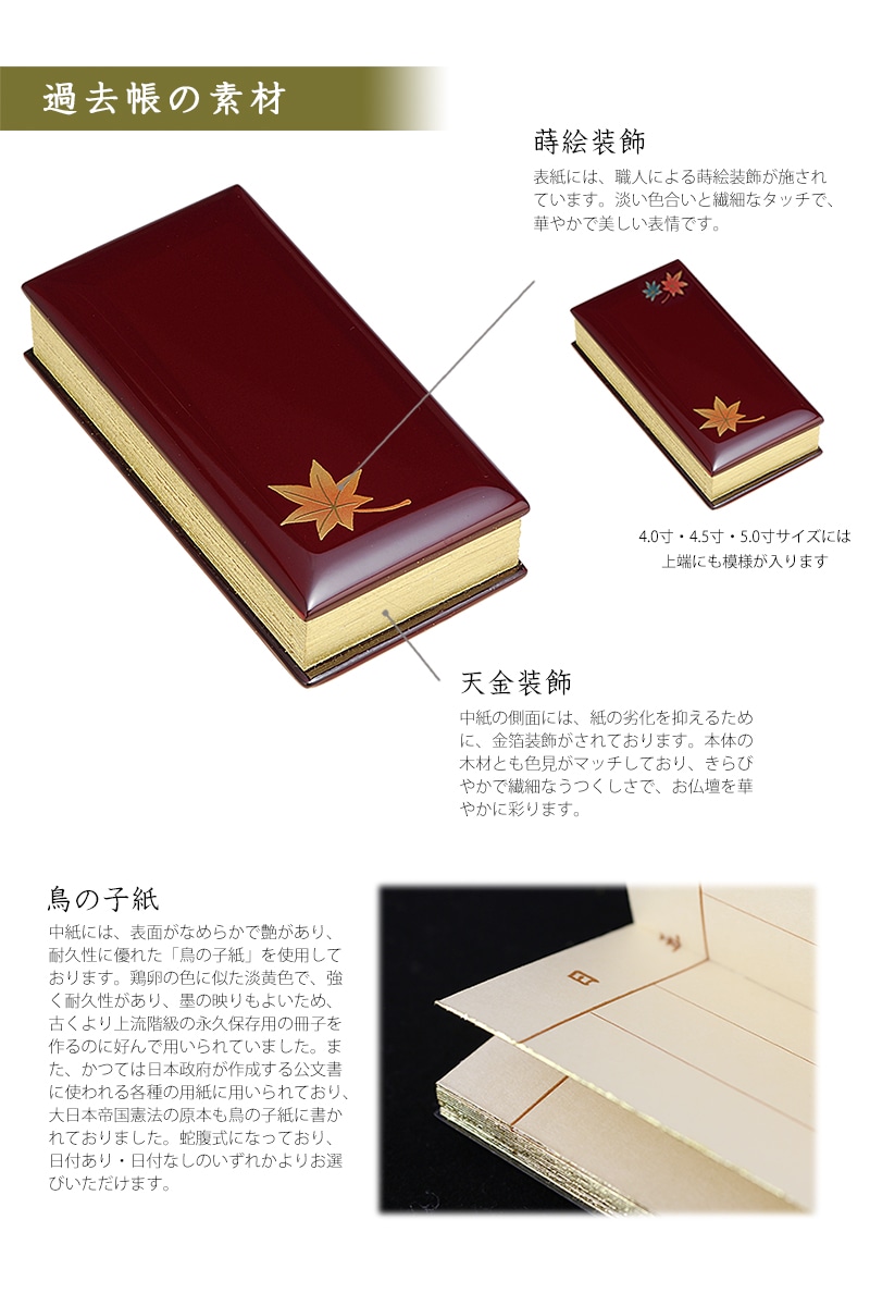 過去帳 蒔絵 もみじ ワイン色の素材について目