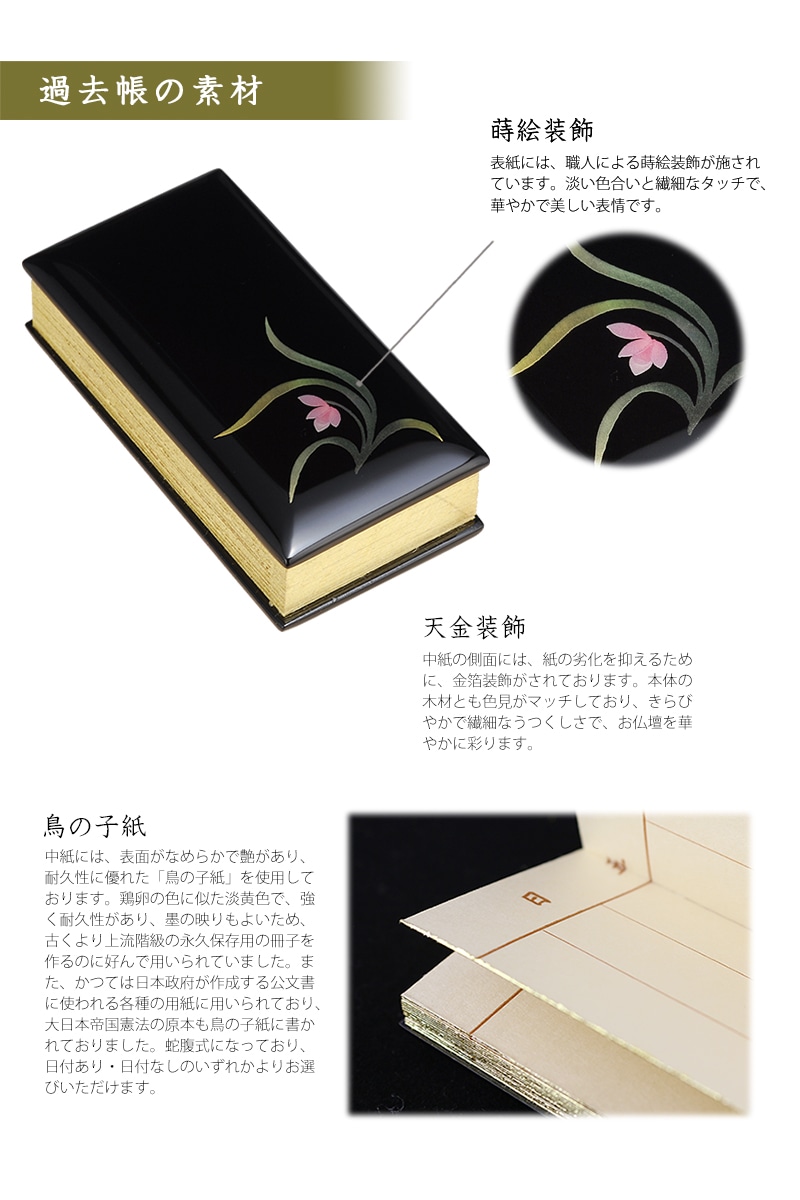 過去帳 蒔絵 蘭 黒塗りの素材について
