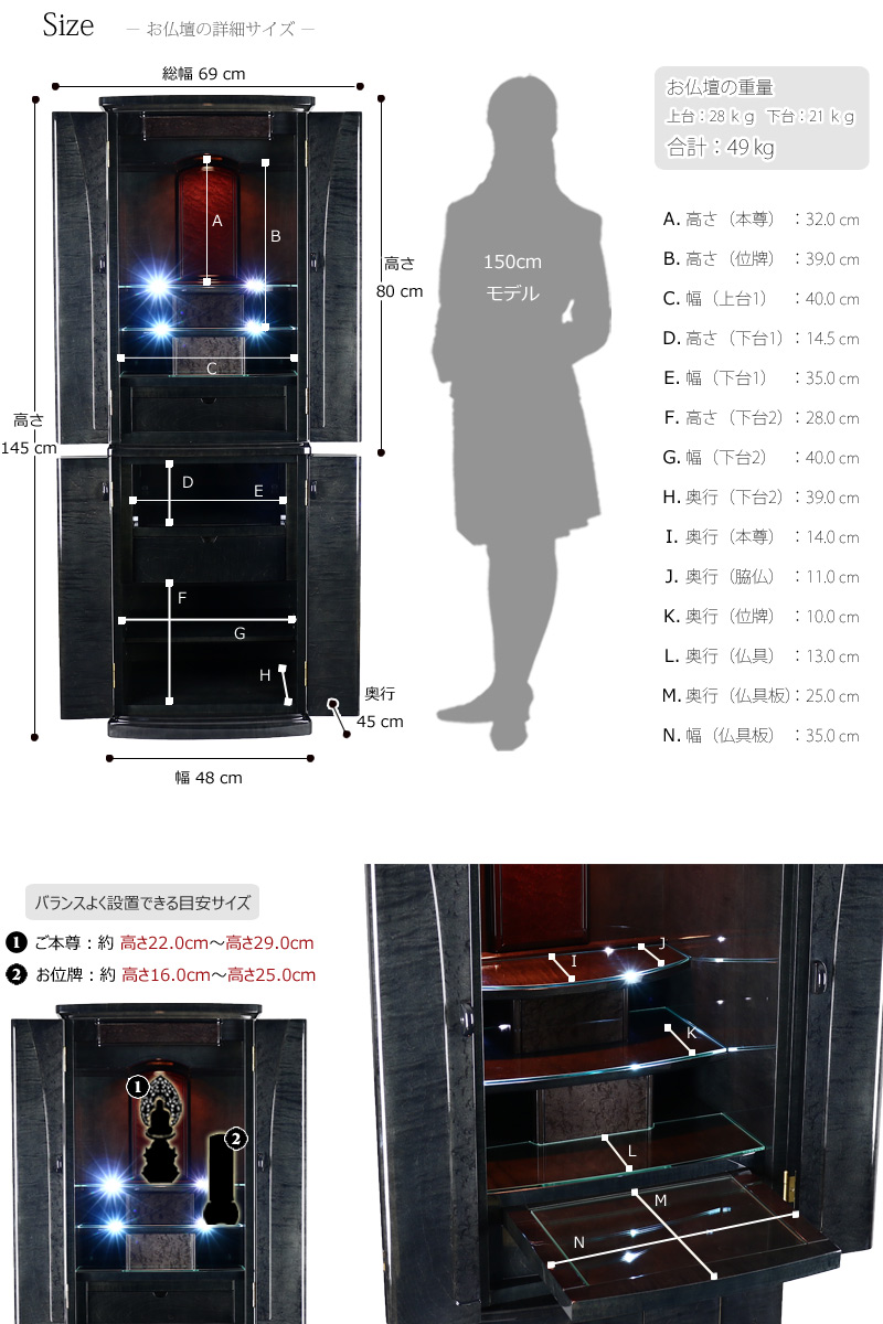 お仏壇のサイズ表・重量・本尊の目安サイズの詳細画像