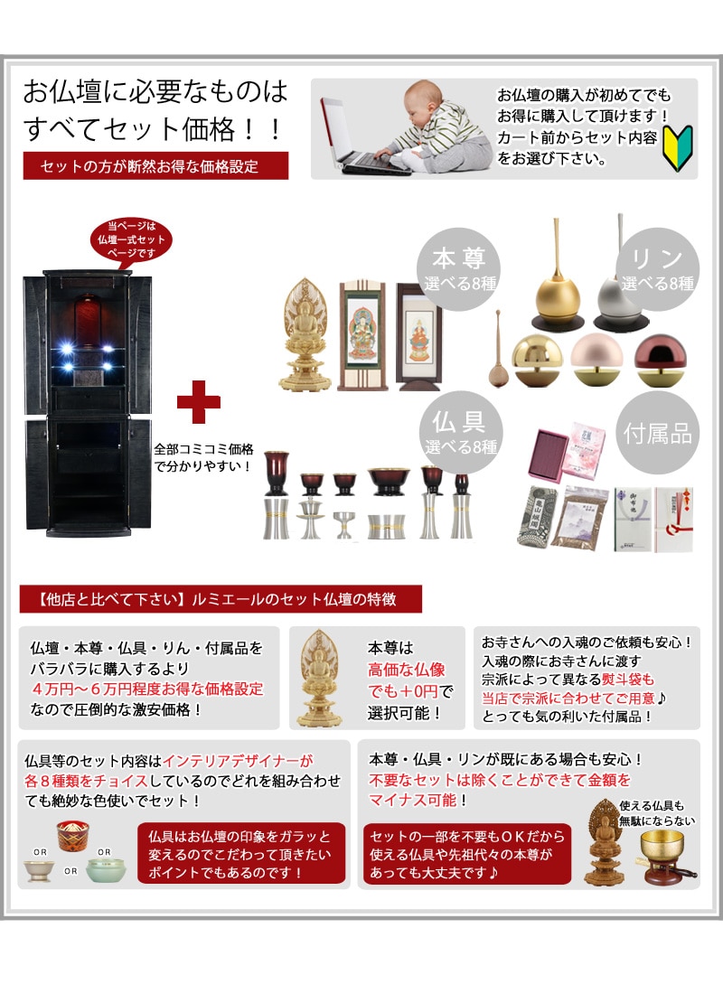 お仏壇に本尊・高級仏具セット・リン・付属品が全部セットで付くセット価格です。