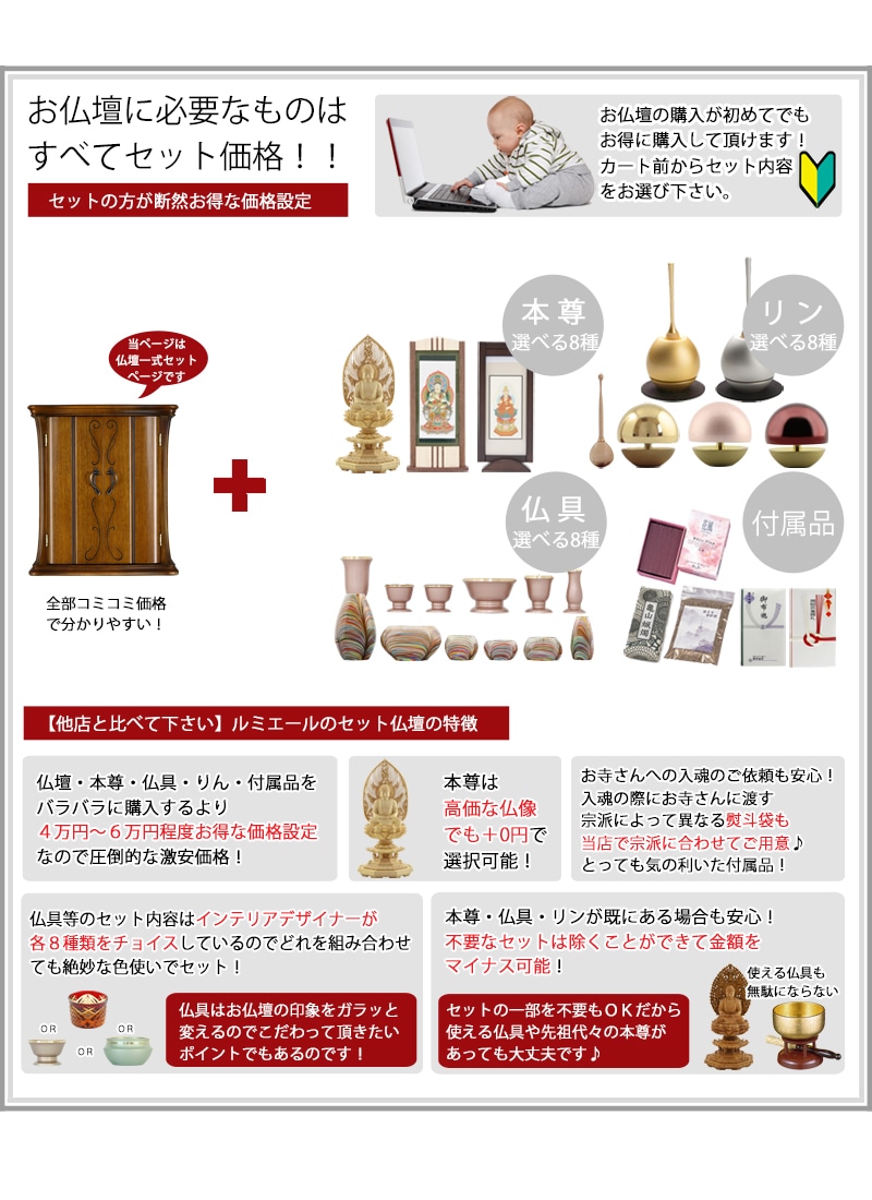 お仏壇に本尊・高級仏具セット・リン・付属品が全部セットで付くセット価格です。